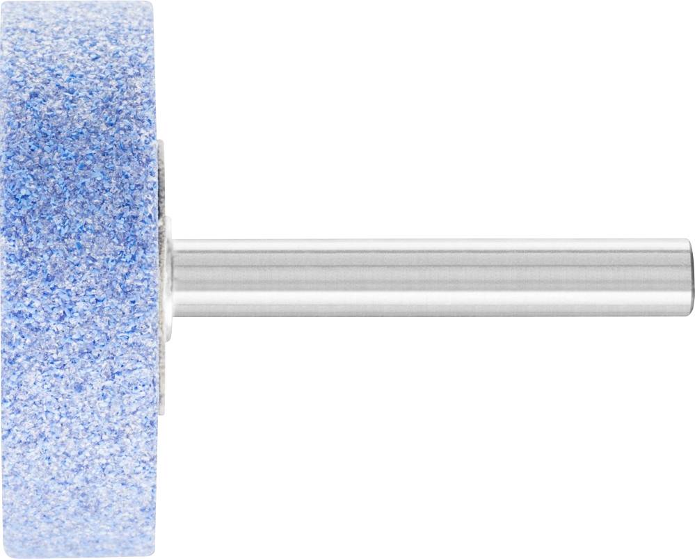 Schleifstein mit Metallstift, Seitenansicht. Der Stein ist blau und zylindrisch geformt, mit einer glatten Oberfläche.
