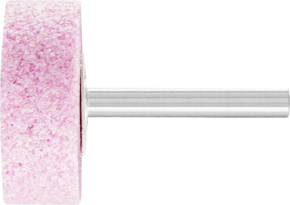 Ein rosa Schleifaufsatz mit zylindrischer Form und Metallstift zum Einspannen, vermutlich für präzises Polieren oder Schleifen verwendet.