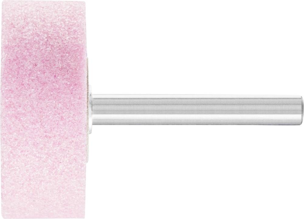 Ein pinker Schleifkopf mit Metallschaft liegt waagerecht, vor weißem Hintergrund.