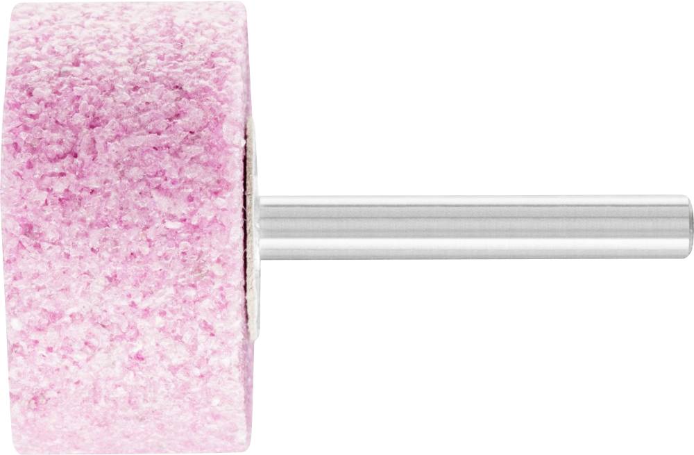 Ein rosa Schleifaufsatz mit zylindrischer Form und silbernem Metallschaft. Verwendet zur Bearbeitung oder Politur von Materialien.