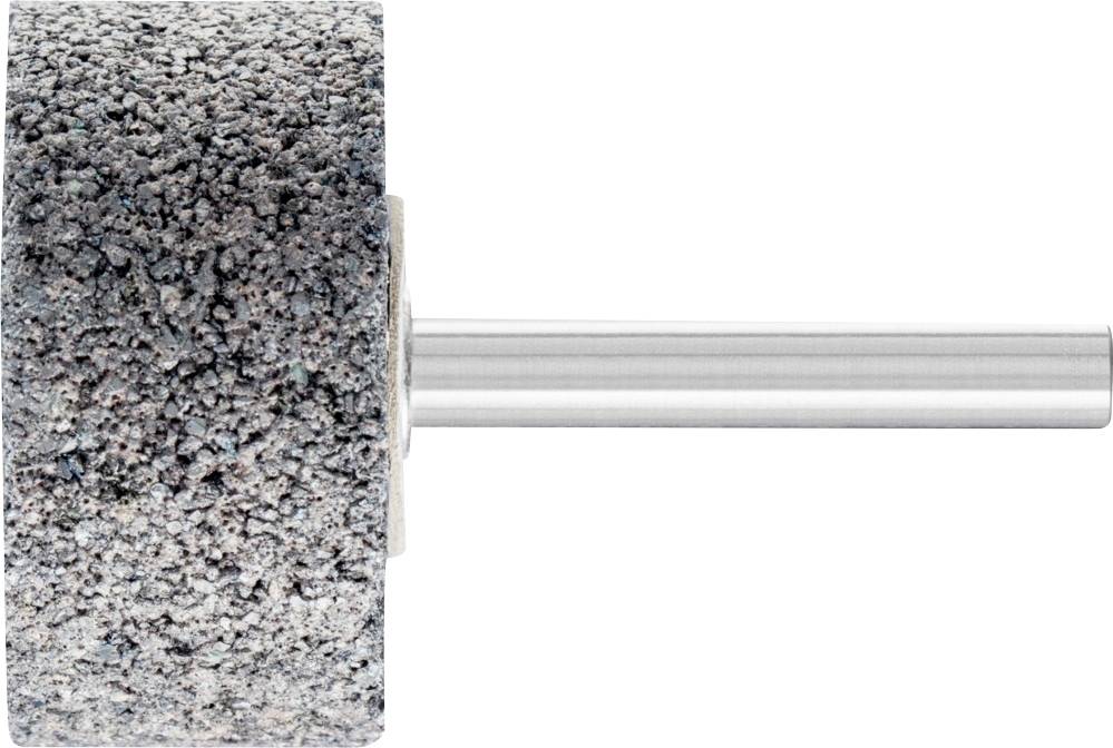 Schleifstein mit Metallgriff, seitlich gesehen, auf weißem Hintergrund. Verwendet zum Schleifen oder Polieren von Materialien.