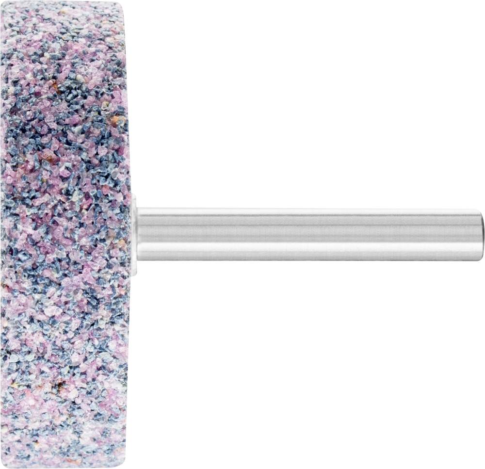 Rosa und blaue Schleifscheibe mit silberner Metallachse, seitliche Ansicht.