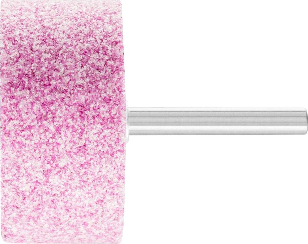 Ein rosa Schleifaufsatz mit zylindrischer Form und silbernem Stift. Geeignet für präzise Schleifarbeiten.