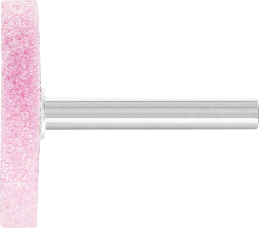 Eine pinke, runde Schleifscheibe mit silbernem Schaft, seitliche Ansicht. Hauptsächlich für Oberflächenbearbeitung genutzt.