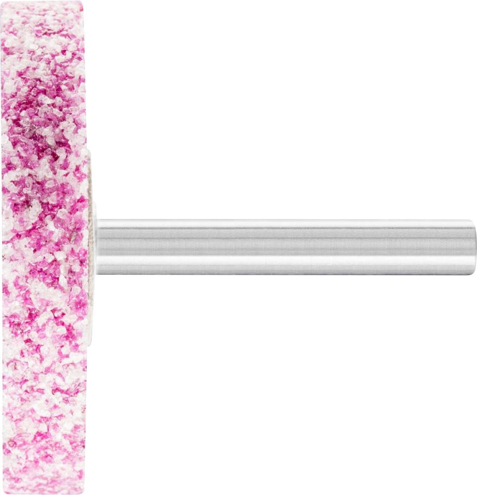 Ein rosa Schleifrad mit Metallstift in der Mitte, vor neutralem Hintergrund, zur Bearbeitung von Oberflächen bestimmt.