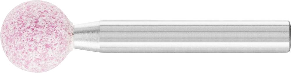 Metallischer, zylindrischer Stab mit einer rosa, kugelförmigen Spitze aus Schleifmaterial, vermutlich als Schleifwerkzeug verwendet.