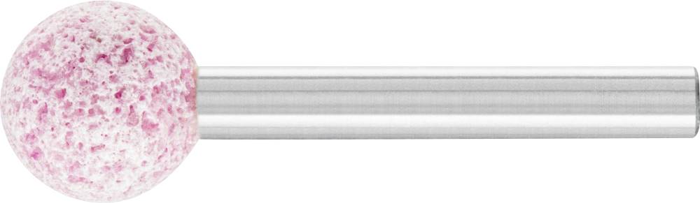 Ein Metallstab mit einem kugelförmigen, rosa-weiß gesprenkelten Kopf. Dient vermutlich als Werkzeugaufsatz für Schleifarbeiten.