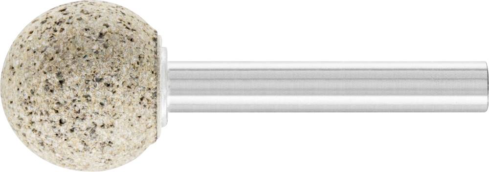 Ein Schleifkörper mit kugelförmigem Kopf aus rauem Stein und einem glatten Metallschaft. Verwendet für Schleifarbeiten.