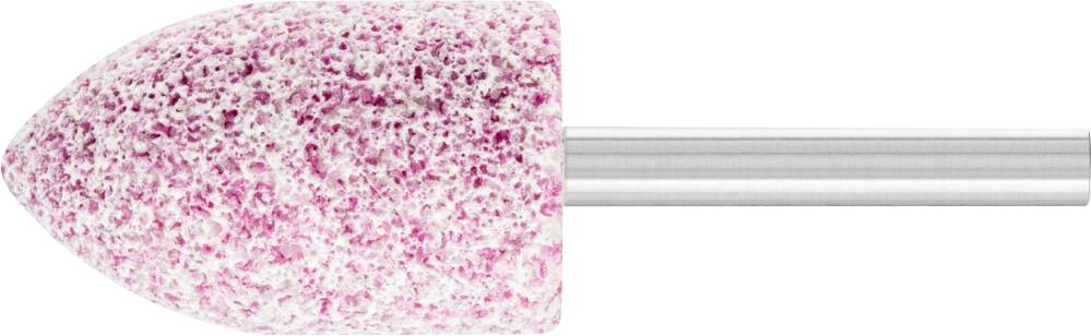 Ein kegelförmiger Polieraufsatz aus rosa und weißem Schleifmaterial auf einem Metallstab, typischerweise für Feinarbeiten.