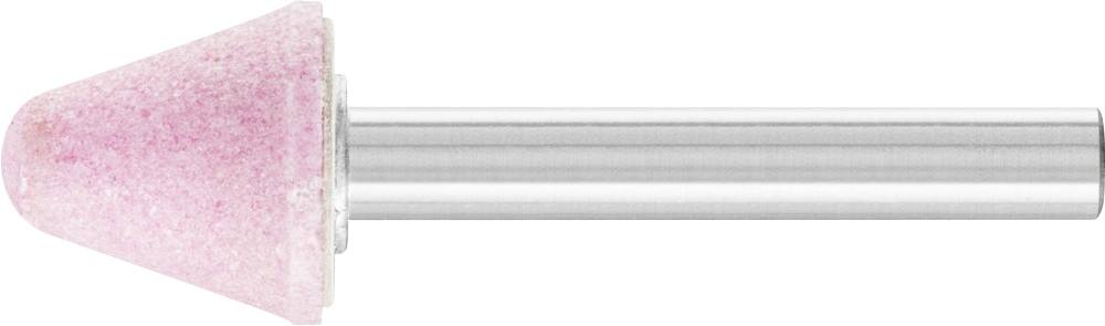 Ein konischer Schleifaufsatz mit rosa Schleifstein oben und silbernem Schaft.