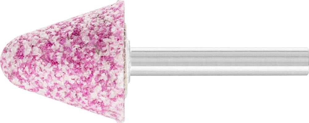 Ein spitz zulaufender, rosa Schleifaufsatz mit Granulat auf einer Metallstange. Geeignet für präzises Schleifen und Polieren.