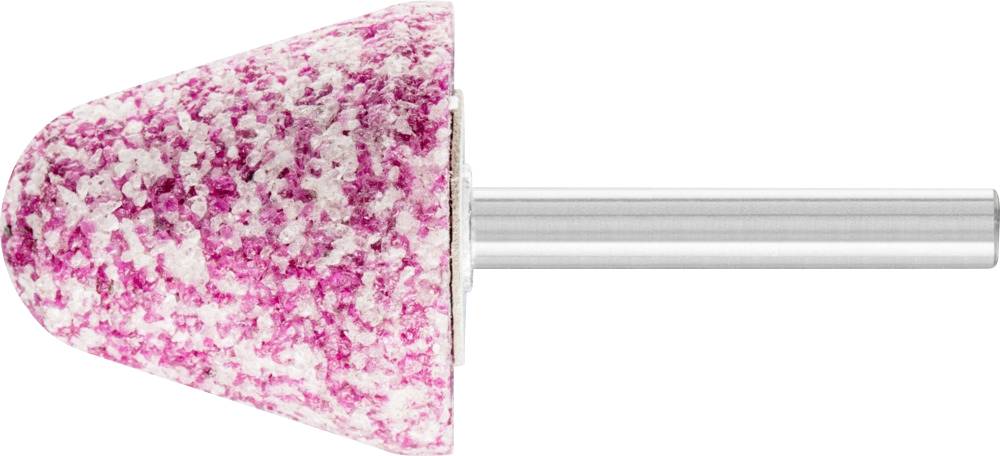 Ein kegelförmiger Schleifaufsatz mit rosa und weißen Körnern auf einem Metallstiel, wird für Oberflächenbearbeitung verwendet.