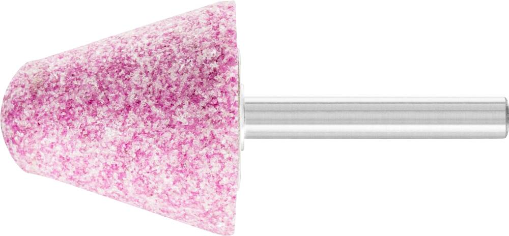 Ein kegelförmiger Schleifaufsatz mit rosa, körniger Oberfläche und einem silbernen Metallschaft, verwendet für Polierarbeiten.