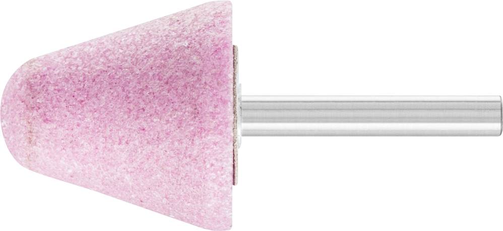 Ein rosa Schleifaufsatz in Kegelform mit einem Metallstab. Verwendet zum Polieren oder Schleifen von Oberflächen.