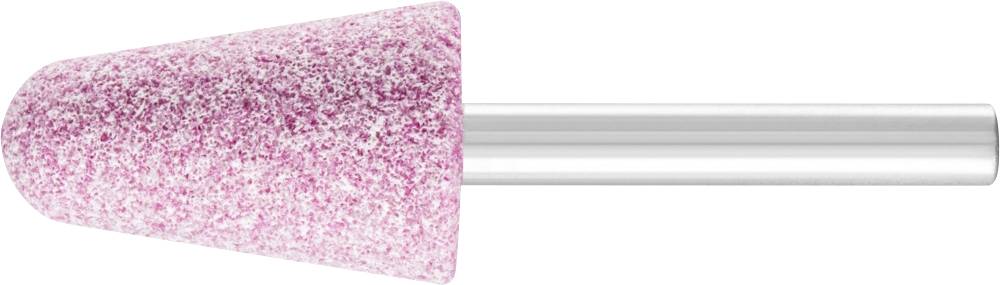 Ein rosa Schleifaufsatz in konischer Form mit einem Silbergriff, verwendet für das Feilen oder Polieren von Oberflächen.