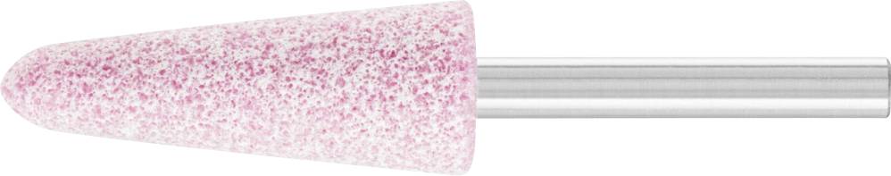 Ein konischer, rosafarbener Schleifaufsatz mit rauer Oberfläche und einem metallischen Schaft. Geeignet für präzise Schleifarbeiten.