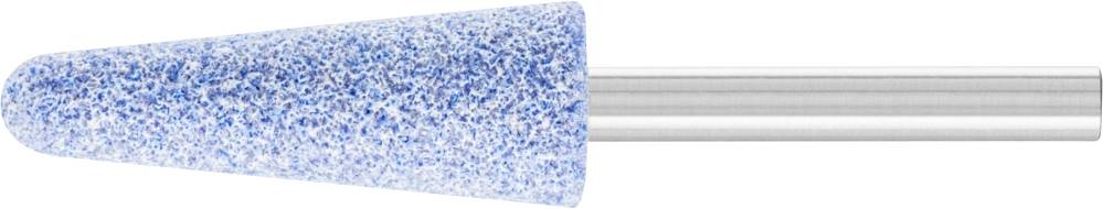 Ein konisch geformter, blauer Schleifaufsatz aus robustem Material, befestigt an einem Metallstiel, zur Bearbeitung von Oberflächen.