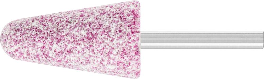 Ein konischer Schleifaufsatz aus rosa und weißem Schleifpapier, befestigt an einem Metallstab, zur Nagelpflege verwendet.