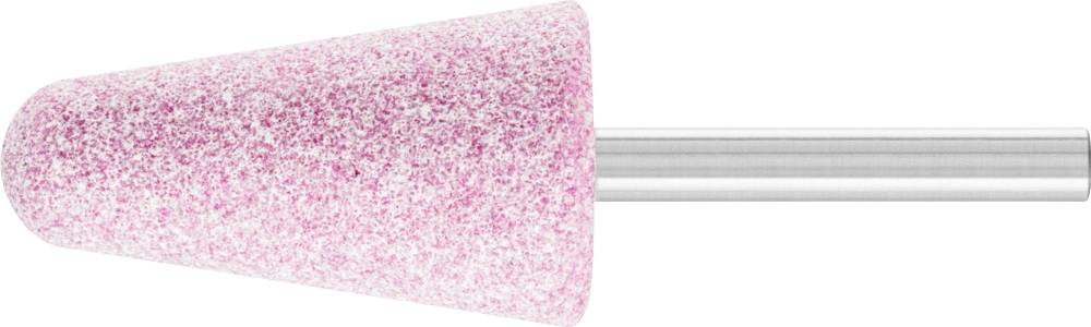 Ein kegelförmiger rosa Schleifaufsatz mit silbernem Schaft, für den Einsatz in rotierenden Werkzeugen zum Schleifen und Polieren.
