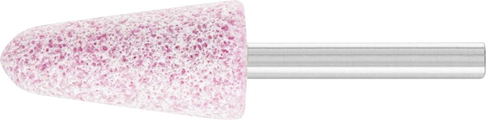 Ein Schleif-Aufsatz in Kegelform mit pink-weißer Oberfläche, befestigt an einem silbernen Metallstiel. Geeignet zum Polieren.