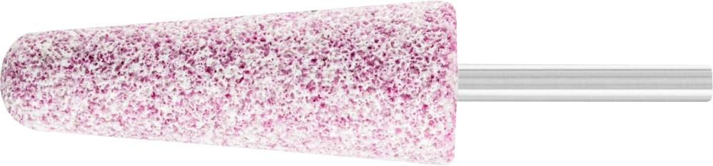 Pink-weiß gesprenkelter, konischer Schleifaufsatz mit Metallschaft, verwendet für präzises Schleifen oder Polieren von Materialien.
