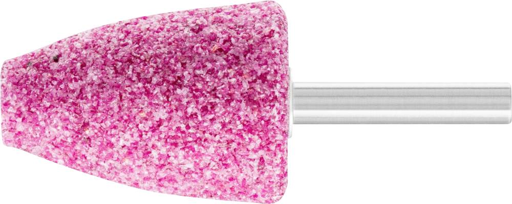 Schleifstift in Kegelform mit pinker Schleiffläche und silbernem Schaft, verwendet zum Feinschleifen und Polieren von Oberflächen.