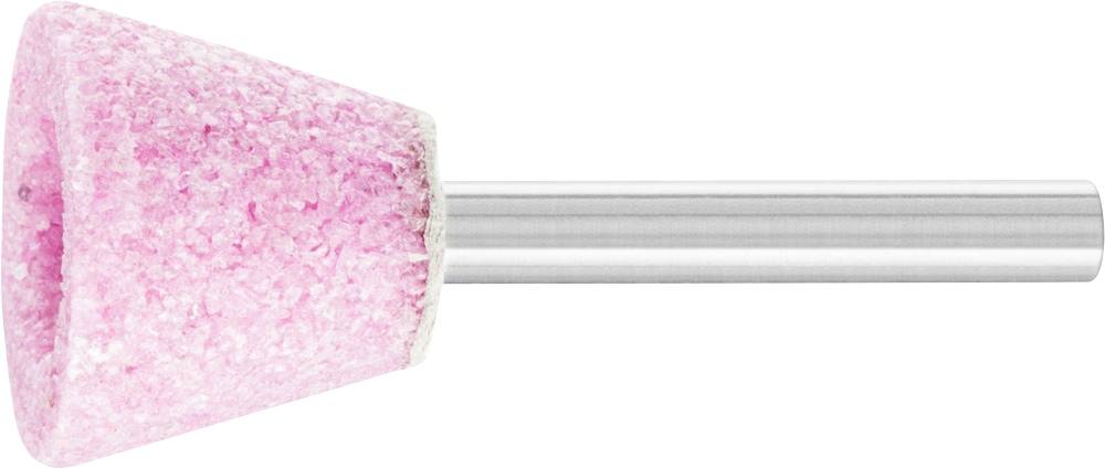 Ein rosafarbener Schleifkopf mit konischer Form auf einem Metallstift, verwendet zum Bearbeiten oder Polieren von Materialien.