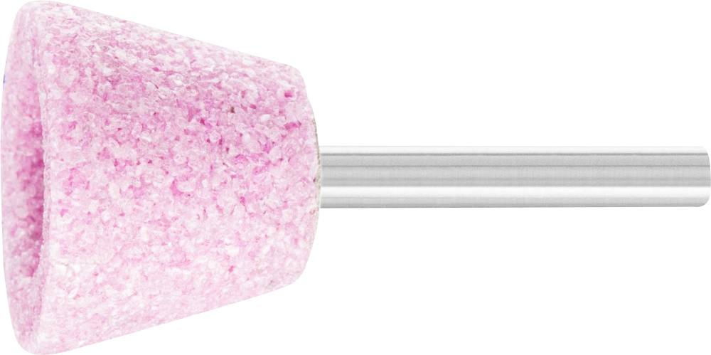 Rosa Schleifkopf aus Schleifmaterial auf Metallstift, oft verwendet zum Polieren oder Schleifen harter Oberflächen.
