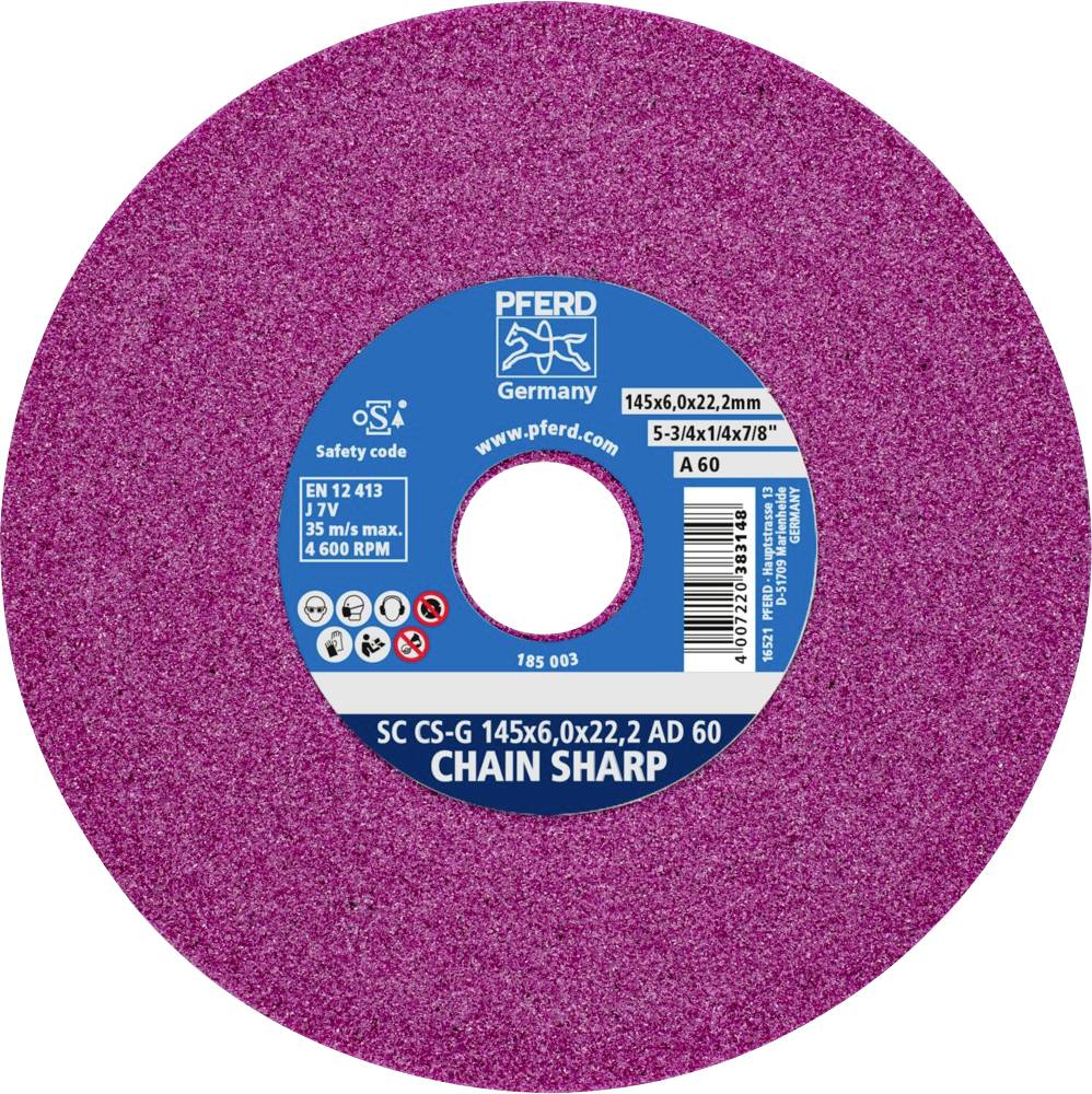 Schleifscheibe 'CHAIN SHARP', rosa, 145mm Durchmesser, geeignet für 4500 U/min. Hergestellt von PFERD, Anwendung in Kettensäge-Schärfen.