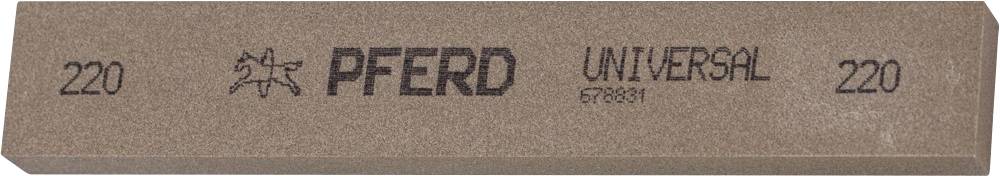 Diagonalansicht eines rechteckigen, braunen Schleifsteins mit der Aufschrift 'PFERD UNIVERSAL 220'.