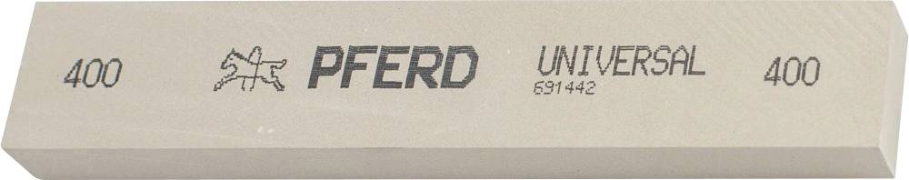 Schleifstein mit der Aufschrift 'PFERD UNIVERSAL' und '400'. Rechteckige, beige Form, verwendet zum Schärfen oder Glätten von Oberflächen.