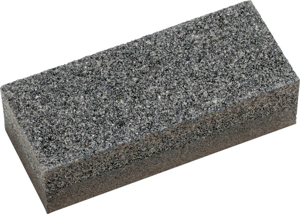 Ein rechteckiger grauer Schleifstein aus porösem Material, auf einer flachen Oberfläche liegend.