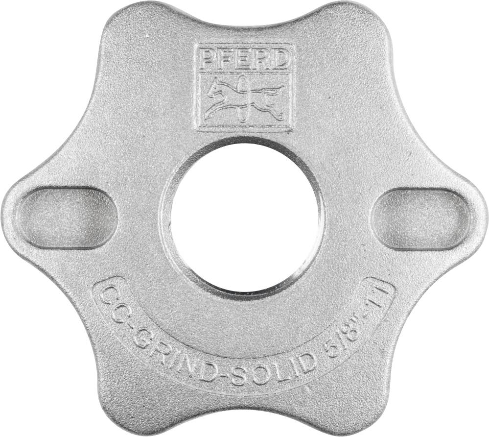 Metallscheibe mit Sternform und Loch in der Mitte, geprägt mit Logo 'PFERD' und Text 'CC-GRIND-SOLID 5/8-11'.