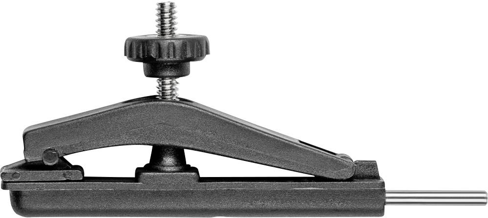 Ein schwarzer Klemmschraubhalter mit verstellbarem Drehknopf und Metallstift, genutzt zur Sicherung von Objekten.