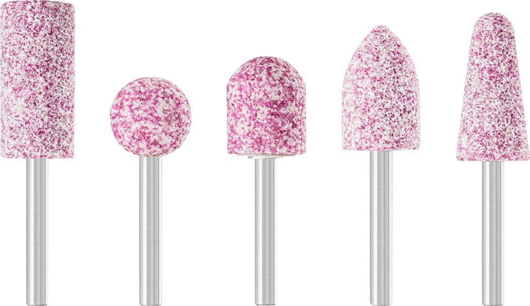 Fünf rosa Schleifaufsätze in verschiedenen Formen und Größen, geeignet für handgehaltene rotierende Werkzeuge.