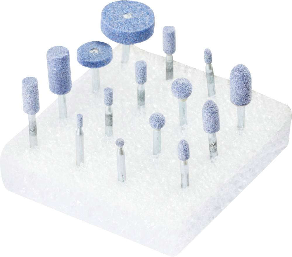 Ein Set aus 15 blauen Schleifköpfen verschiedener Formen und Größen auf einem weißen Schaumstoffblock.