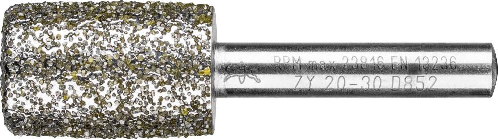 Schleifaufsatz, walzenförmig, mit grobkörniger Textur für Metallbearbeitung. Markierungen auf Schaft geben technische Spezifikationen an.