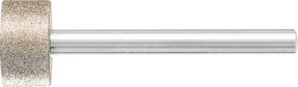 Ein zylindrischer Schleifkopf aus glänzendem Material, befestigt an einem langen Metallstiel, vor einem weißen Hintergrund.