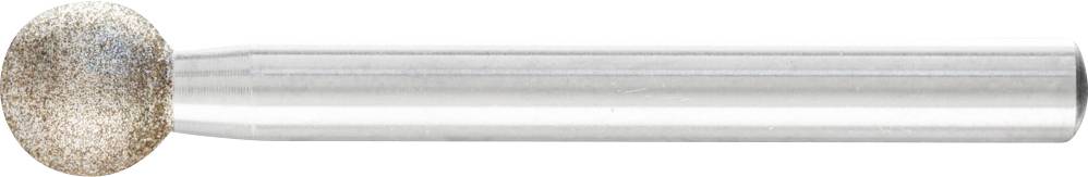 Ein kugelförmiger Schleifaufsatz aus Metall mit einer rauen, körnigen Oberfläche, befestigt an einem länglichen Stahlstift.