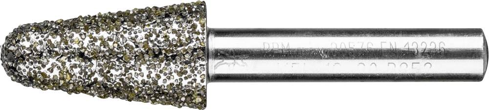 Ein kegelförmiger Schleifaufsatz mit grober Körnung aus Metall, montiert auf einem zylindrischen Schaft, geeignet für präzises Schleifen.