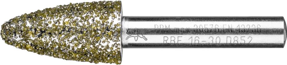 Ein kegelförmiges Schleifwerkzeug mit grober Körnung auf einem Metallstift. Geeignet für präzises Schleifen und Formen von Materialien.