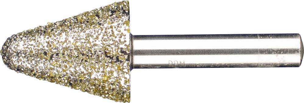 Kegel-Schleifkopf mit gröberer Körnung an einer Metallachse, geeignet für Fräs- oder Schleifarbeiten auf verschiedenen Materialien.