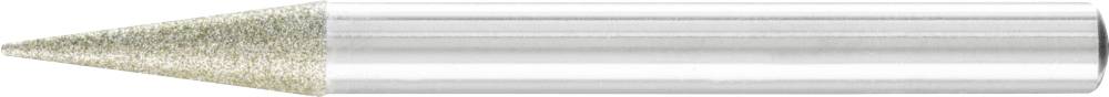 Ein spitzer, konischer Gegenstand mit einer glatten Metalloberfläche, ähnlich einem Stift oder einer Pfeilspitze.