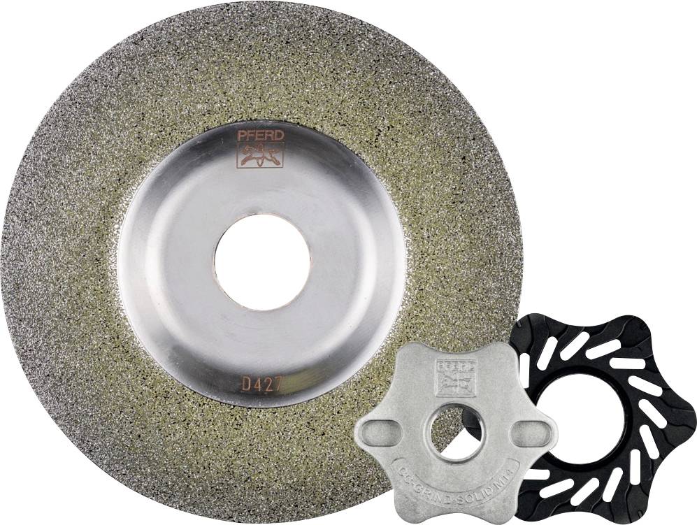 Ein Schleifwerkzeug mit kreisförmiger Metallscheibe und glatter Oberfläche, daneben zwei Adaptermuttern zur Befestigung.