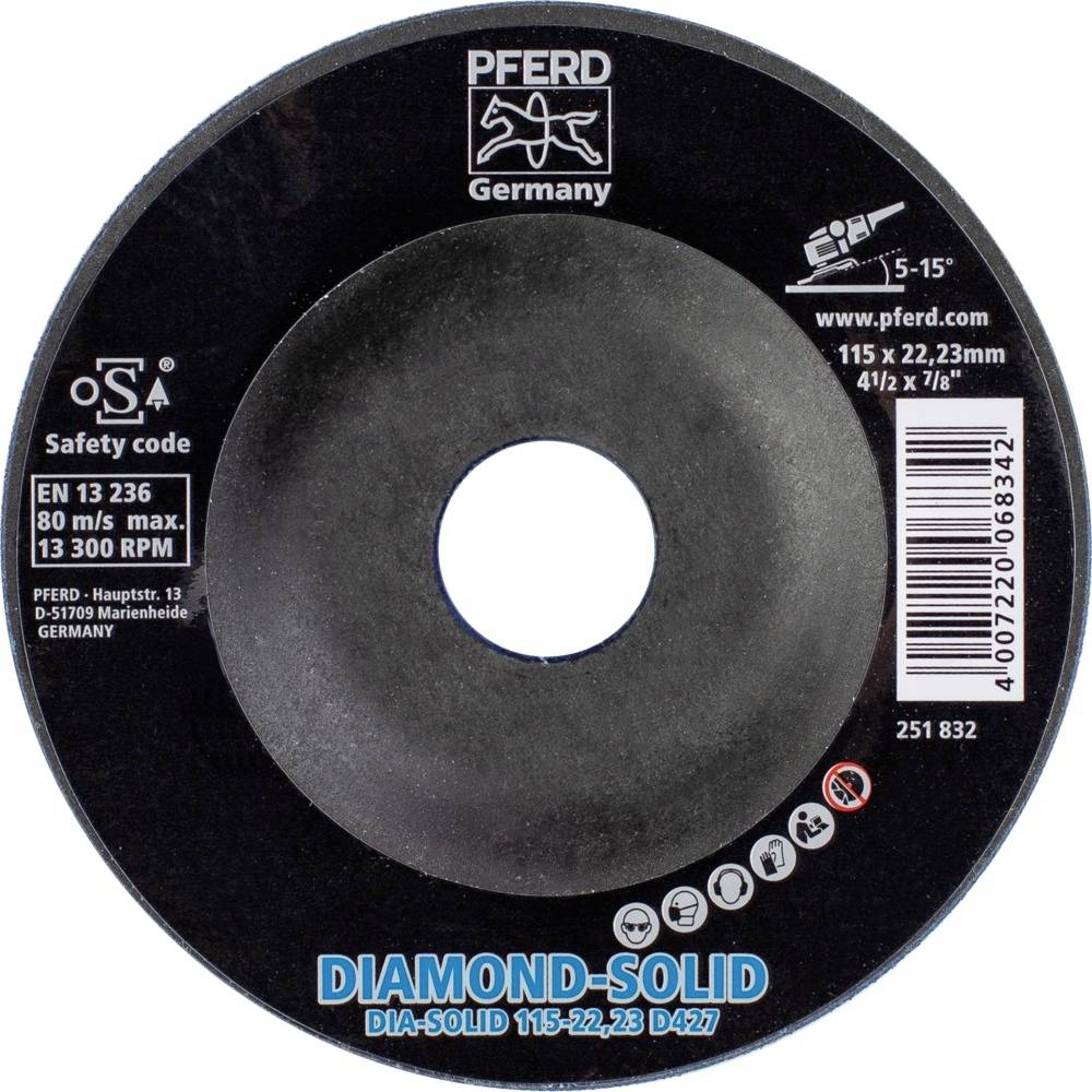 Schleifscheibe mit der Aufschrift 'PFERD Germany Diamond-Solid'. Max. 80 m/s, 13.300 U/min. Durchmesser: 115 x 22,23 mm.