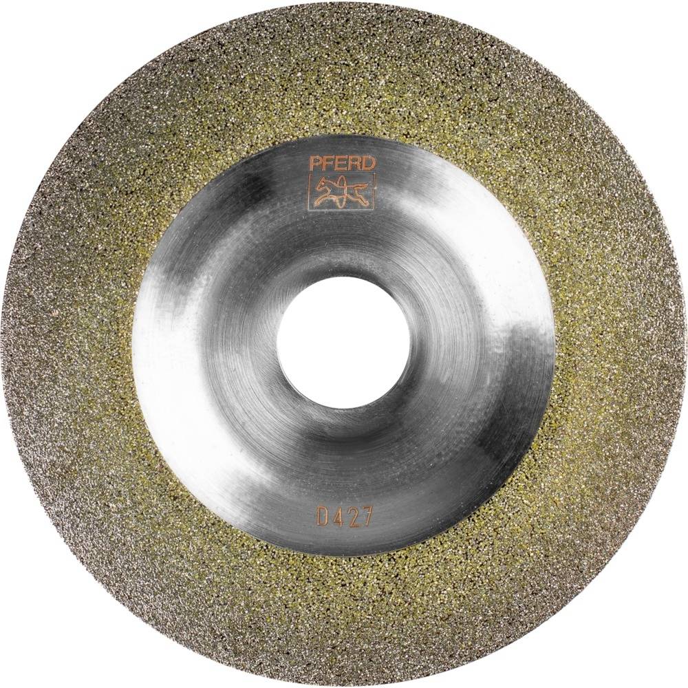 Schleifscheibe mit Metallkern und grober Körnung, mittiges Loch, Markenzeichen und Nummer '0427' auf Metalloberfläche eingraviert.