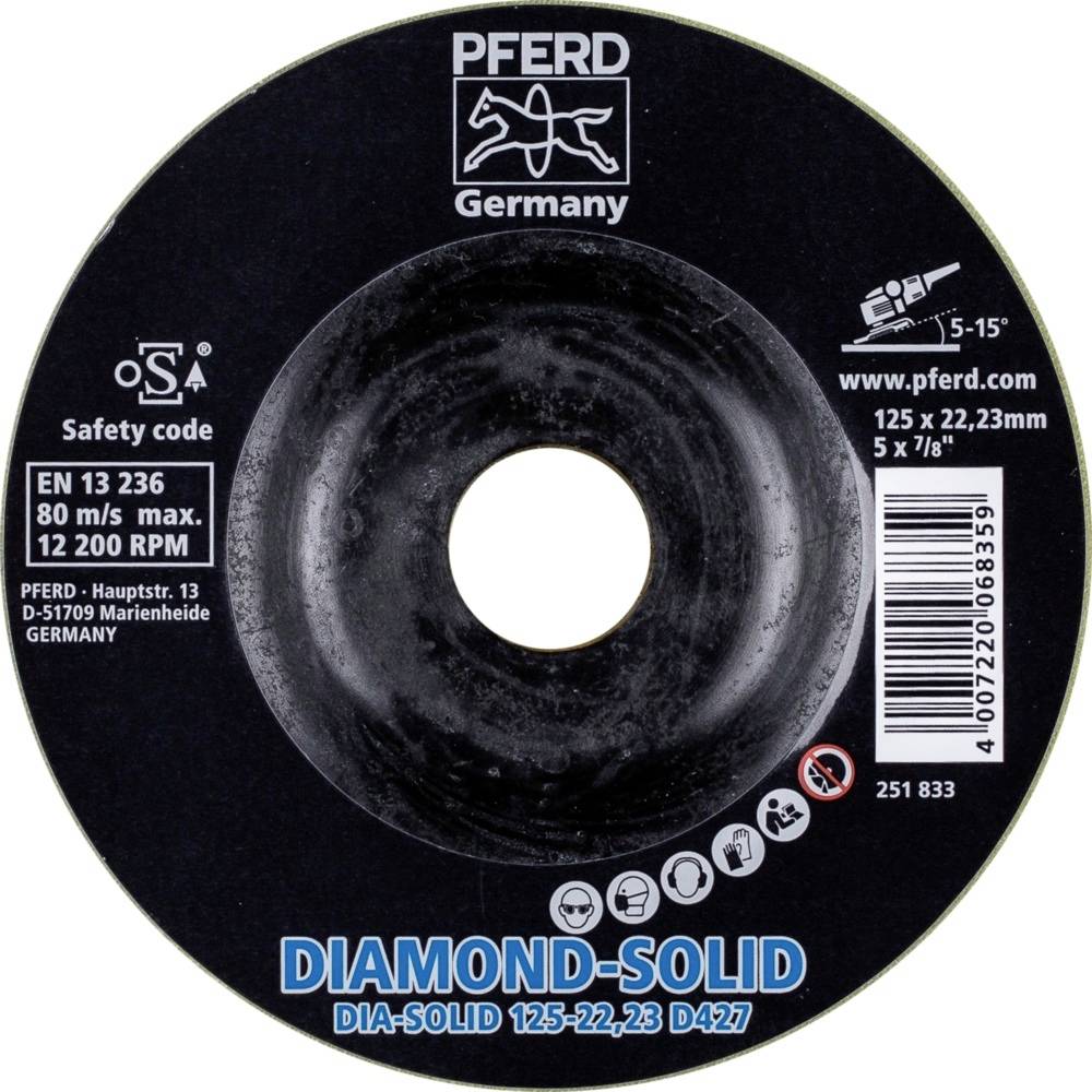 Schleifscheibe mit der Aufschrift 'PFERD Germany' und technischen Spezifikationen: max. 80 m/s, 12.200 U/min, 125 x 22,23 mm.