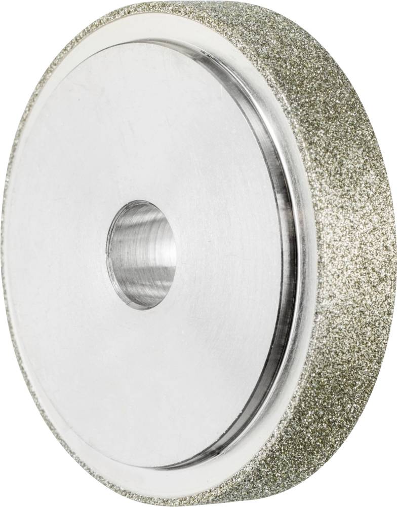 Metallscheibe mit rauer, glitzernder Oberfläche und zentraler Bohrung. Verwendet für Schleifen oder Polieren von Materialien.