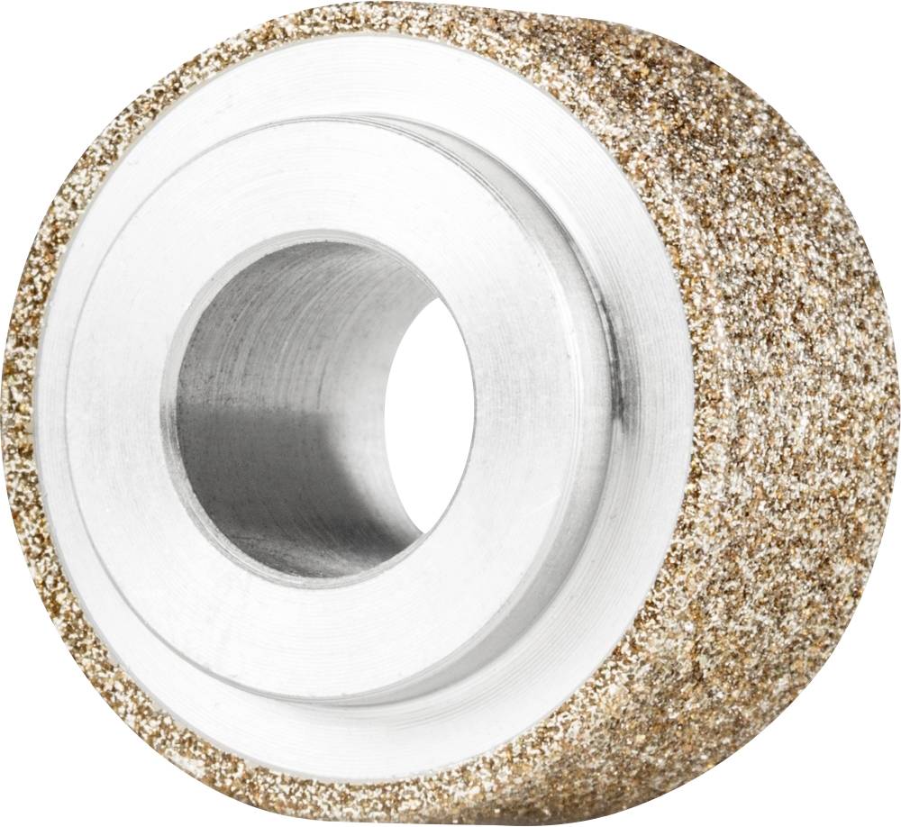 Ein Schleifrad mit metallischem Kern und körniger, rauer Oberfläche, verwendet zum Schleifen und Polieren von Materialien.