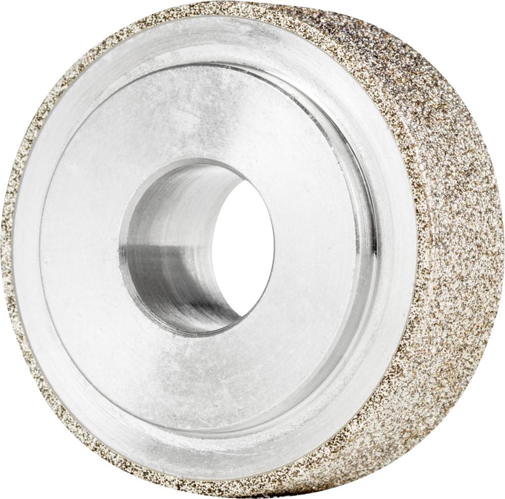 Diamant-Schleifrad mit silbrigem Metallkern und rauer, körniger Außenseite zum Schleifen harter Materialien.